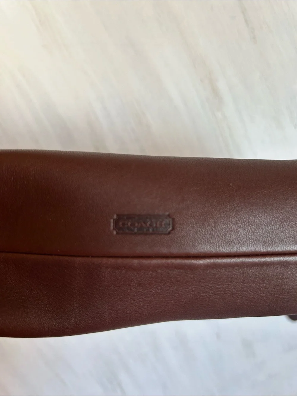 Vintage Coach cosmetic bag Mahogany Leather Zip Pouch with Striped Canvas Lining